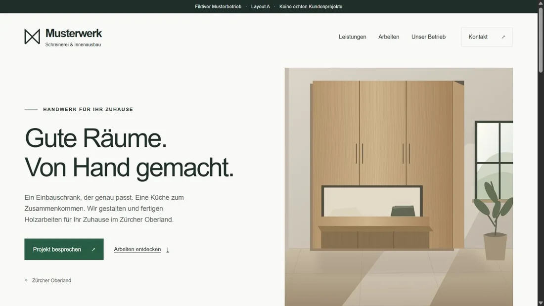 Musterarbeit A: fiktive Website Musterwerk mit klar gegliedertem Einstieg und grünen Akzenten.