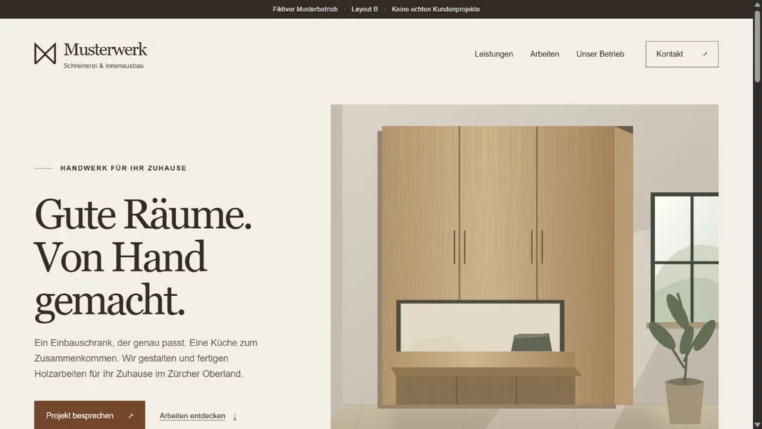 Musterarbeit B: fiktive Website Musterwerk mit warmer Farbwelt und bildbetontem Einstieg.